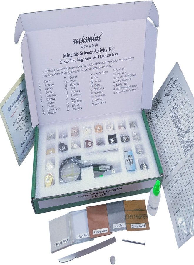 Rocksmins Minerals Science Activity Kit MI20ACPT with Testing Tools Worksheet Geology Puzzle 7 Sheets Set of 20 Handpicked Natural Minerals Specimens in Storage Tray Beautiful Colour Box for geology - Image 2